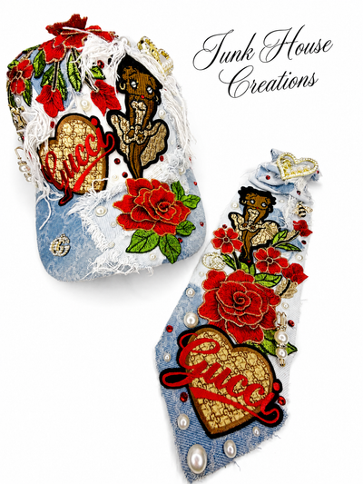 Red Rose Glam Denim Hat & Tie Set