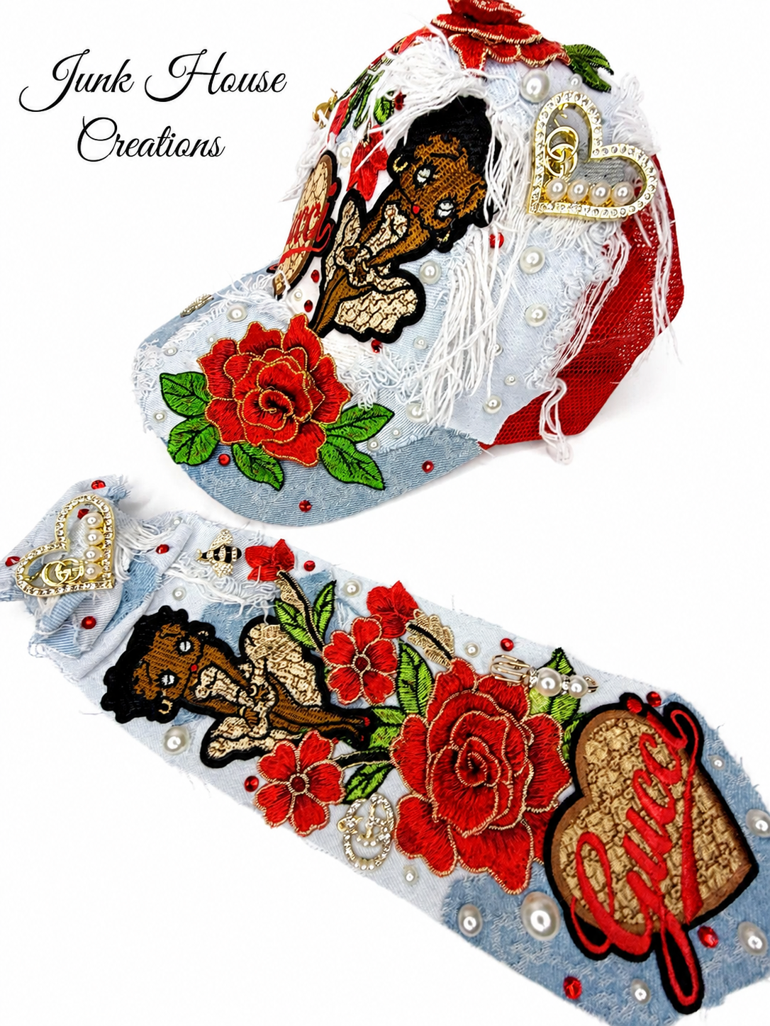 Red Rose Glam Denim Hat & Tie Set