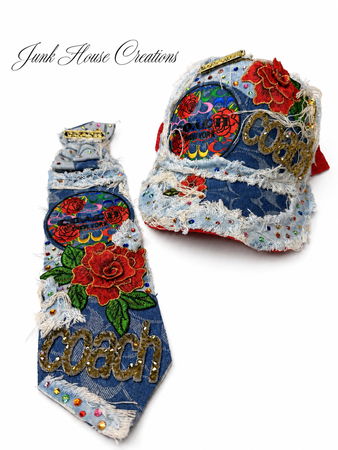 Denim Rose Rhinestone Hat & Tie Set