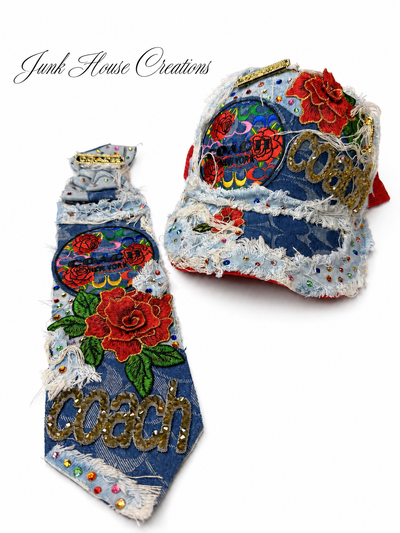 Denim Rose Rhinestone Hat & Tie Set