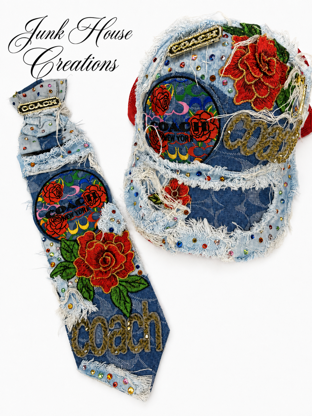Denim Rose Rhinestone Hat & Tie Set