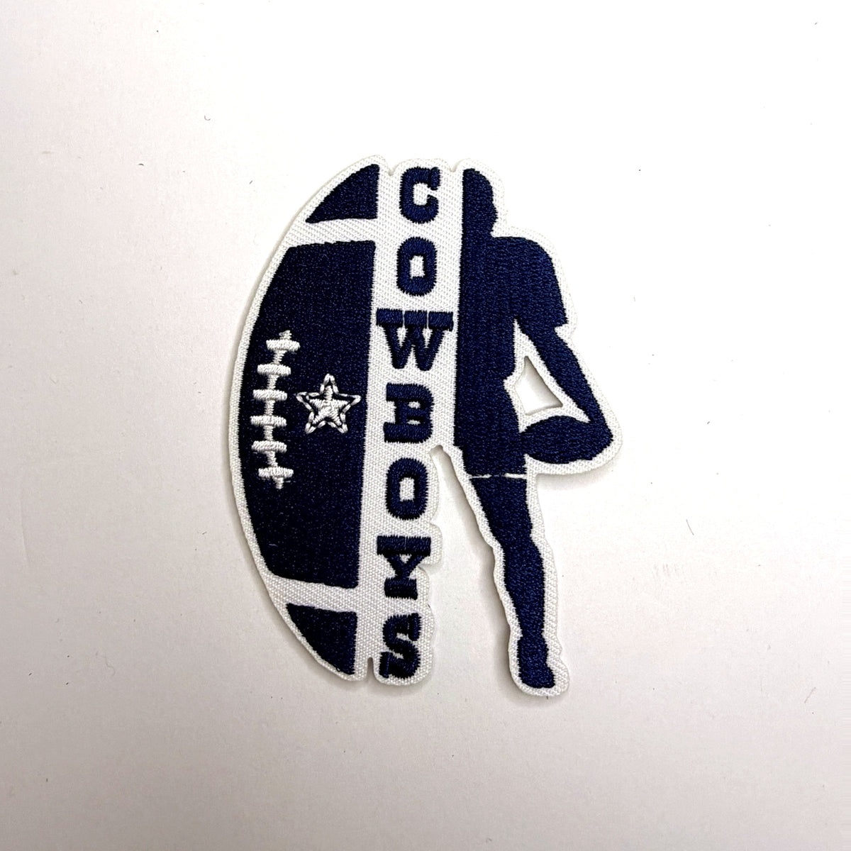 Football player silhouette patch with vertical lettering