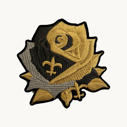 Gold and black rose shield patch with fleur-de-lis